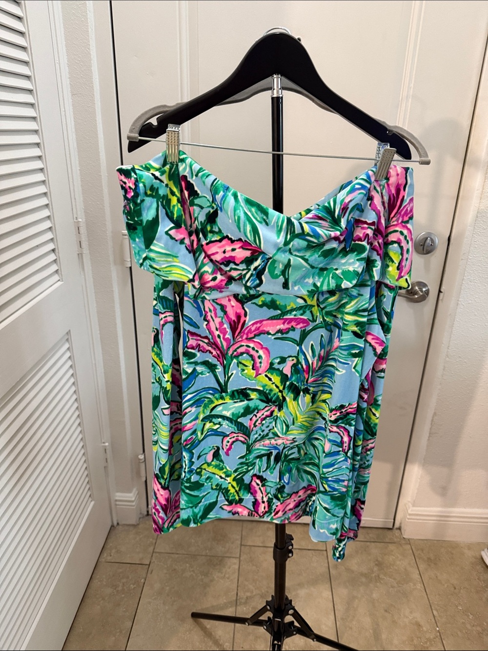 Lilly Pulitzer Bright Blue Tropical Off-Shoulder Top with Pink & Green Accents